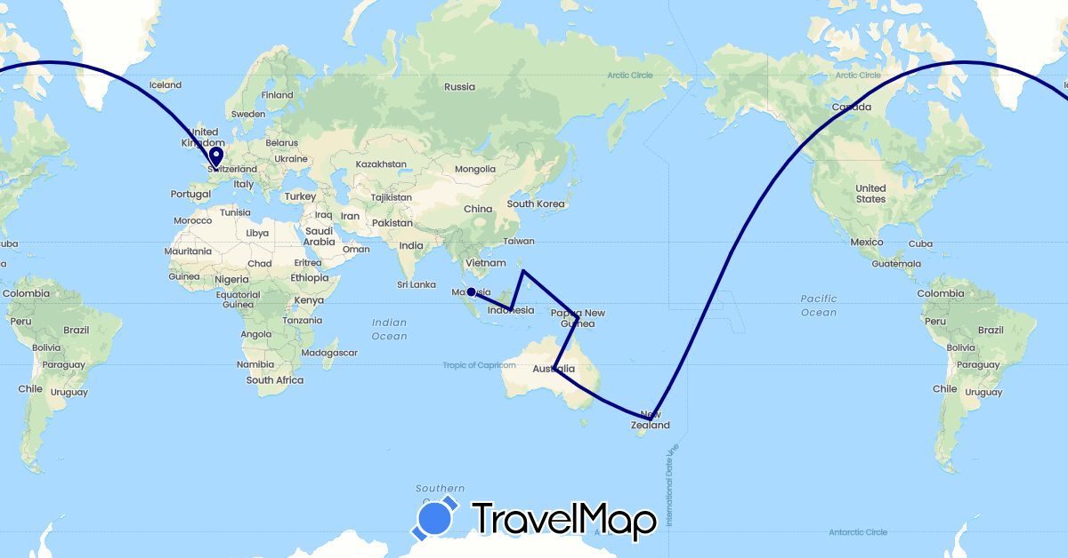 TravelMap itinerary: driving in Australia, Canada, France, Indonesia, Malaysia, New Zealand, Papua New Guinea, Philippines, United States (Asia, Europe, North America, Oceania)